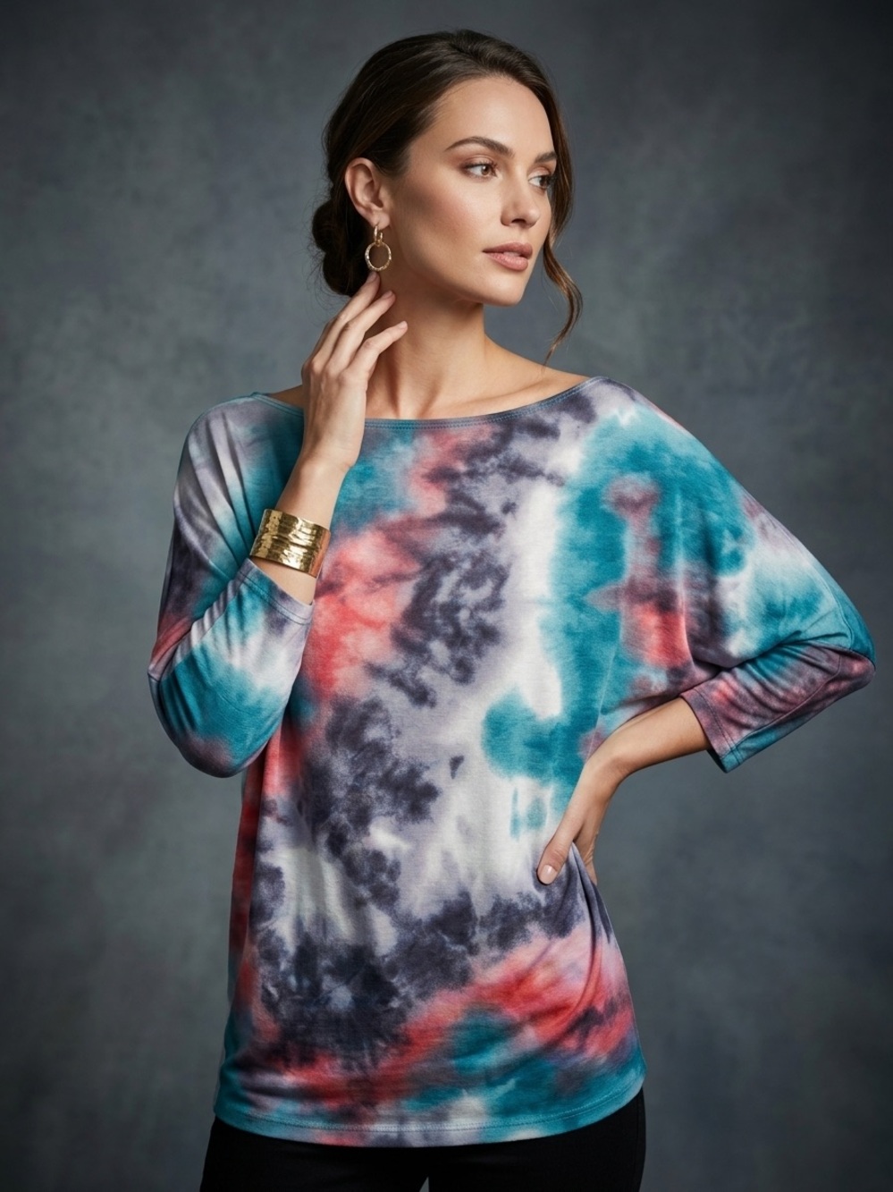 white birch Teal, Coral & Gray Tie-Dye Boatneck Top